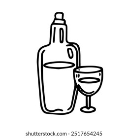 Vector, contour drawing of a bottle with a glass. Design element. doodle