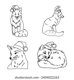 Vektorkontur Zeichnung von Weihnachtsfuchs in einem Hut. Illustration für Färbung, Tätowierungen, Kinder, Dekoration