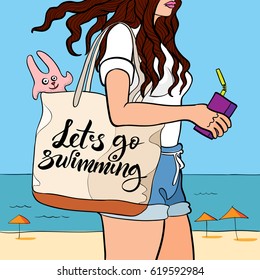 Vector contour drawing with coloring of a long-haired girl walking near the sea with a beach bag and motivation phrase 'lets go swimming'. it can be used for posters, postcards or t-shirts
