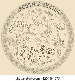 vector contour drawing coloring on South America, animals, people, buildings, plants, holidays, continent map, circular ornament without background