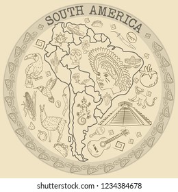 vector contour drawing coloring on South America, animals, people, buildings, plants, holidays, continent map, circular ornament without background