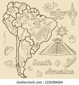 vector contour drawing coloring on the theme of South America, the continent depicts plants, animals, people living in South America, elements for design, without background