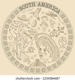 vector contour drawing coloring on South America, animals, people, buildings, plants, holidays, continent map, circular ornament without background