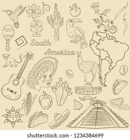 vector contour drawing coloring on South America, animals, people, buildings, plants, holidays, continent map without background