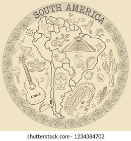
vector contour drawing coloring on South America, animals, people, buildings, plants, holidays, continent map, circular ornament without background