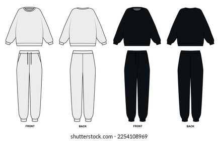 Vector contour drawing of a crew-neck sweatshirt and sweatpants. Set of tracksuit templates, front and back view. Hoodie and joggers sketch on white background, vector.