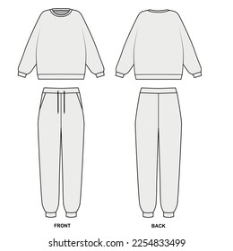 Vector contour drawing of a crew-neck sweatshirt and sweatpants. Tracksuit template, front and back view. Hoodie and joggers sketch on white background, vector. Sweatshirt and pants training suit. svg