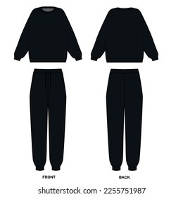 Vector contour drawing of a crew-neck sweatshirt and sweatpants. Tracksuit template, front and back view. Hoodie and joggers sketch on white background, vector. Sweatshirt and pants training suit.