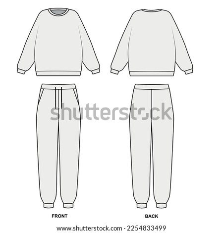 Vector contour drawing of a crew-neck sweatshirt and sweatpants. Tracksuit template, front and back view. Hoodie and joggers sketch on white background, vector. Sweatshirt and pants training suit.