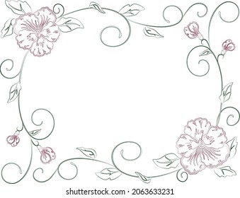 Vector contour drawing of decorative floral frame from delicate pansies flowers with buds, leaves and tendrils