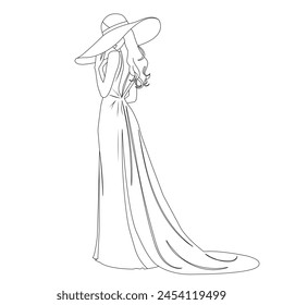 Dibujo de contorno de Vector de una joven misteriosa elegante con un sombrero y un vestido largo con un tren.
