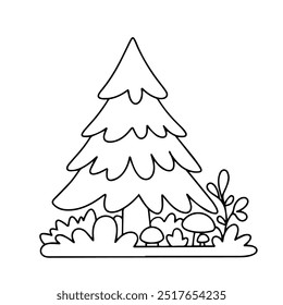 vector contour drawing of a forest landscape. cartoon spruce surrounded by flowers, grass, mushrooms. Isolated children's coloring page