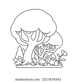 vector contour drawing of a forest landscape. cartoon trees surrounded by flowers, grass, mushrooms. Isolated children's coloring page