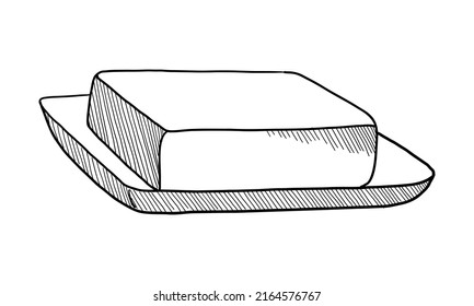 VECTOR CONTOUR DRAWING OF A PIECE OF BUTTER ON A PLATE ON A WHITE BACKGROUND