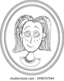 Vector contour drawing of portrait young cartoon girl in oval picture frame
 