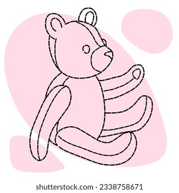 Vector contour drawing of a sitting teddy bear on a background with pink spots.