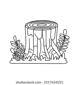 Dibujo del contorno del Vector de un tocón, un árbol cortado en la hierba. Paisaje. Dibujo para colorear de niños aislados