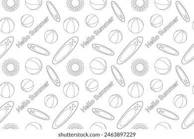Vector contour drawing of summertime beach balls, sun, and surfboards. Perfect for kids summer coloring activities. Seamless and fun pattern.