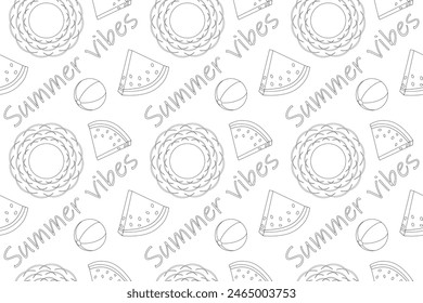 Vector contour drawing of summertime beach balls, sun, and watermelons. Perfect for kids summer coloring activities. Seamless and fun pattern.