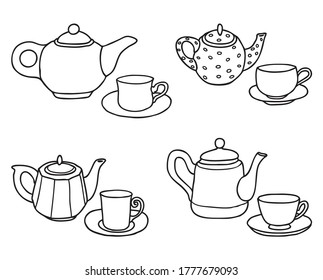 Vector contour drawing of various tea cups and tea pots - Shutterstock ID 1777679093