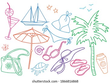 Vector contour drawings of various beach holiday symbols