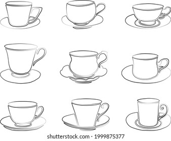 Vector contour drawings of various tea cups with saucers
