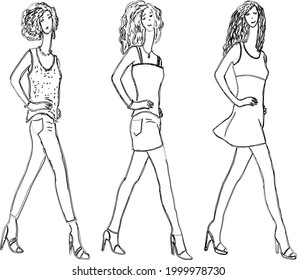 Dibujos de contorno de vectores de jóvenes mujeres delgadas modernas caminando 