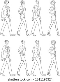 Vector contour drawings of young people in classical business suits