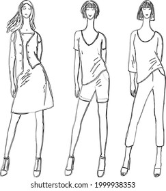 Vector contour drawings of young slim modern fashionable women 