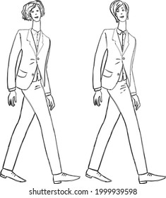 Vector contour drawings of young striding men in classical business costumes