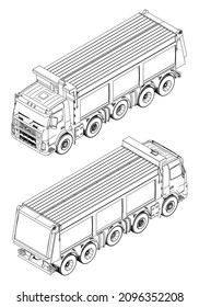 Vector contour Dump truck illustration. Isolated white outline tipper lorry.