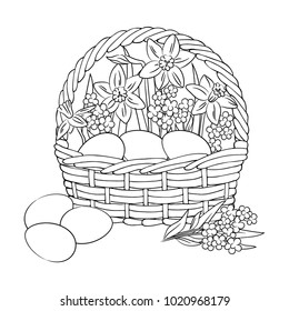 vector contour Easter eggs in basket with flowers daffodil narcissus forget-me-not decor coloring page