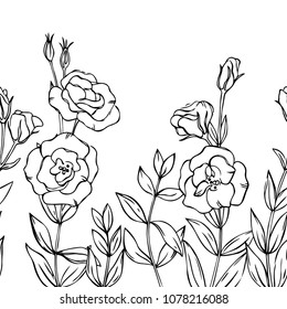 vector contour eustoma lisianthus  flowers bud leaf  coloring book pattern seamless repeating pattern