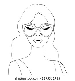 Ilustración de moda de contorno vectorial, dibujo a mano, página de coloreo joven mujer bonita con los ojos cerrados usando gafas de sol elegantes en un fondo blanco aislado.
