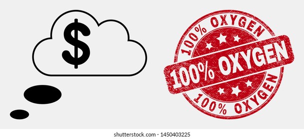 Vector contour financial dream clouds pictogram and 100% Oxygen watermark. Blue round scratched seal stamp with 100% Oxygen message. Black isolated financial dream clouds pictogram in contour style.