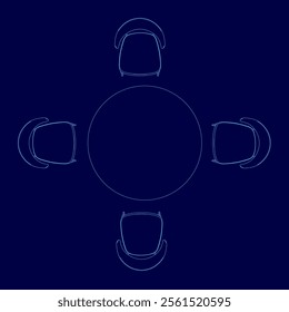 vector contour flat style chairs and round table on blue background . Top view