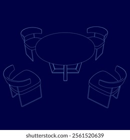 vector contour flat style chairs and round table on blue background . Isometric view