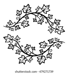 vector, contour, frame, wreath of branches, interlacing, leaves, black and white illustration, abstraction, design element,adult coloring book, doodle style
