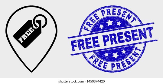 Vector contour free tag marker pictogram and Free Present stamp. Blue round textured stamp with Free Present title. Black isolated free tag marker pictogram in contour style.