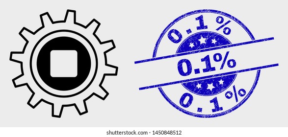 Vector contour gear icon and 0.1% watermark. Blue round scratched watermark with 0.1% caption. Black isolated gear icon in outline style.