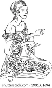 vector contour geisha in kimono painted with ink. chinese graphics for design. shy asian woman in dress with flower. drawing Japanese girl image for coloring on the Japanese theme.