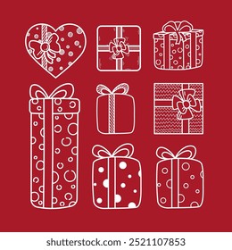 Vector contour gift boxes with bows icons set. Hand drawn linear icons. Wrapped present ribbon tied. Christmas shopping. New year celebration. Funny holiday signs collection. Heart shaped packaging.