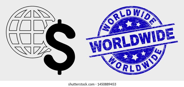 Vector contour global business icon and Worldwide seal stamp. Blue round distress seal stamp with Worldwide message. Black isolated global business icon in contour style.