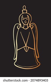 Vector contour gold toy, decoration in form of singing angel for xmas tree, in doodle style. Clipart for Merry Christmas and New Year greeting card, coloring book, template for children creativity