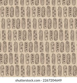 Vector contour graphic monochrome pattern with eclairs of different fillings. Special set for Mother's Day and other holidays. Collection for festive designer packaging, textiles, scrapbooking