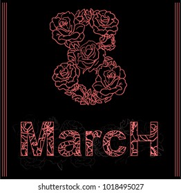 Vector contour greeting card eight march from pink and red roses on black background