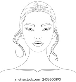 Vector contour hand drawing of the face of a beautiful young woman of European appearance, full face.
