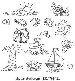 vector contour hand drawn cartoon sea set, collection of summer rest funny things. in the set are boat, lighthouse,  gold fish, seashells, seaweed, sun and cloud.