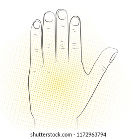 Vector contour of the hand on yellow background with rastr structure. There are everythihng on the individual layers.
