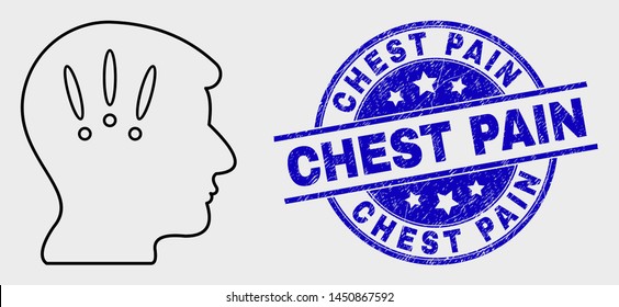 Vector contour headache icon and Chest Pain seal stamp. Blue rounded textured seal stamp with Chest Pain phrase. Black isolated headache pictogram in contour style.